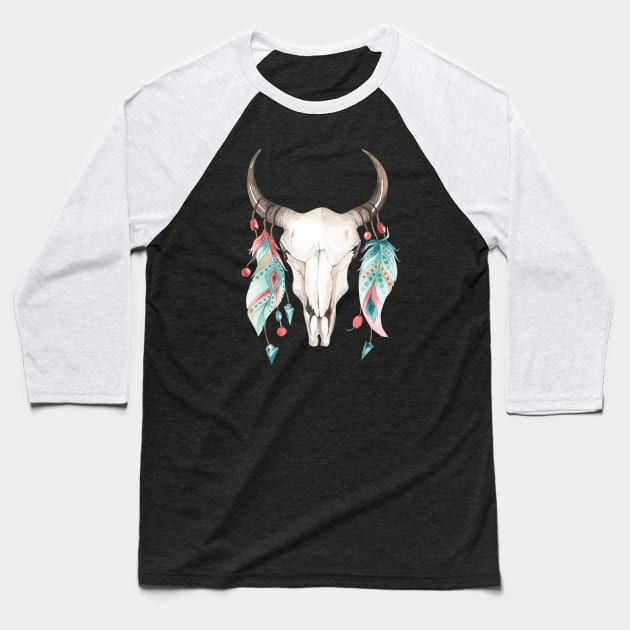 Boho Cow Skull Baseball T-Shirt by PixelArt